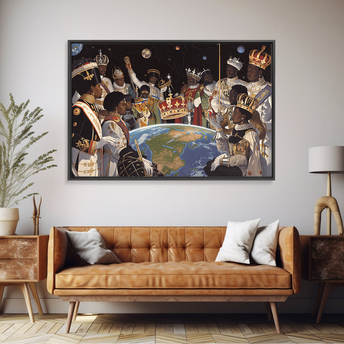 Cosmic African Royal Council Over Earth Wall Art, Afrocentric Black History Decor, African American Art, Regal Canvas Print