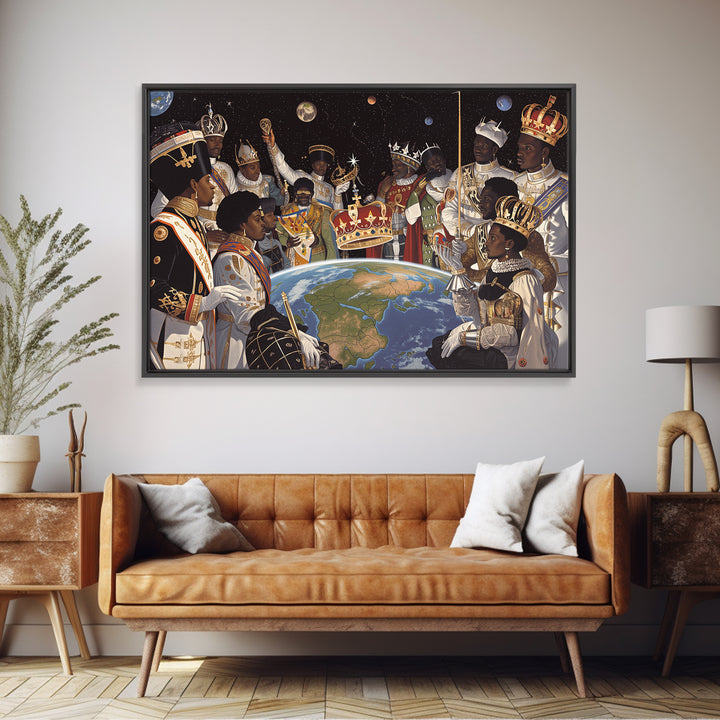 Cosmic African Royal Council Over Earth Wall Art, Afrocentric Black History Decor, African American Art, Regal Canvas Print