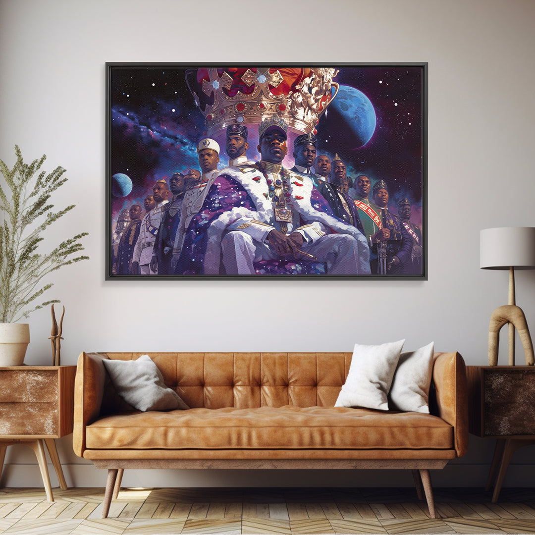 Galactic Black King And Royal Guard Framed Canvas Print, African American Art, Afrocentric Wall Decor, Black Man Portrait
