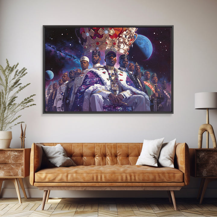 Galactic Black King And Royal Guard Framed Canvas Print, African American Art, Afrocentric Wall Decor, Black Man Portrait