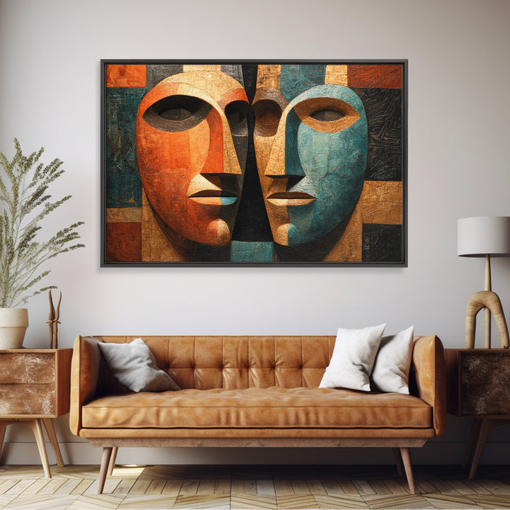 Cubist African Mask Faces Canvas Print, Abstract African Art, Tribal Wall Decor, Geometric Portrait, Bold Home Decor Gift