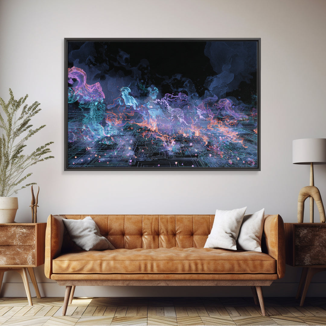 Neon Spirit Horses Over Cyber Grid Wall Art, Digital Art, Mystical Wall Decor, Abstract Black Canvas Print, Modern Decor
