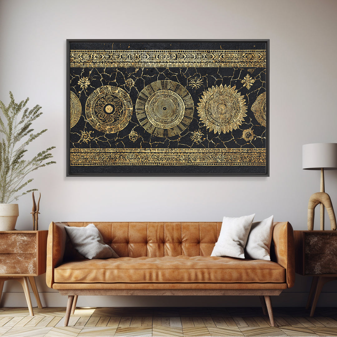 Gold Celestial Sun And Moon Wall Art, Black And Gold Art, Mystical Wall Decor, Bohemian Canvas Print, Statement Decor Gift