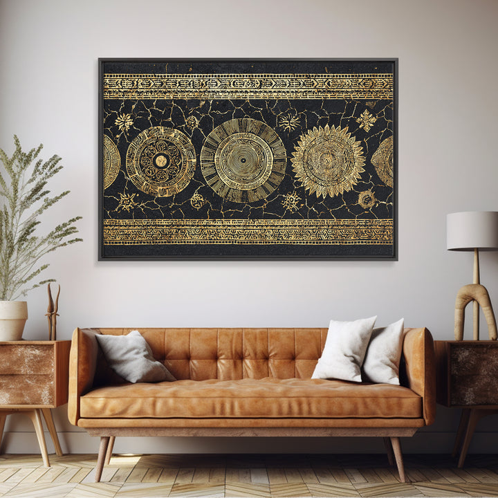 Gold Celestial Sun And Moon Wall Art, Black And Gold Art, Mystical Wall Decor, Bohemian Canvas Print, Statement Decor Gift