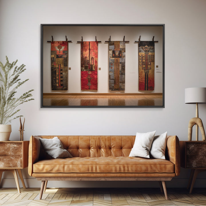 Earth Tone Textile Banners In Gallery, African Wall Art, Cultural Home Decor, Textile Art, Modern Framed Canvas Print, Museum Decor