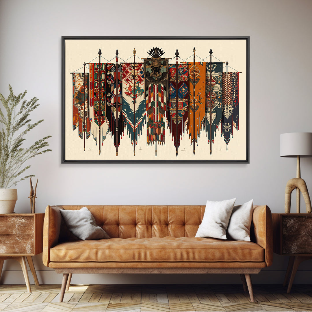 Patterned Tribal War Banners With Spears, African Wall Art, Ankara Decor, Cultural Art Print, Bold Framed Canvas Print, Ethnic Wall Decor