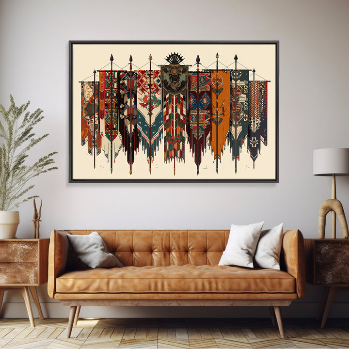 Patterned Tribal War Banners With Spears, African Wall Art, Ankara Decor, Cultural Art Print, Bold Framed Canvas Print, Ethnic Wall Decor