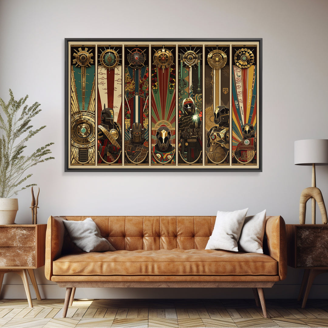 Futuristic Tribal Totem Panels And Helmets, African Wall Art, Afrofuturism Decor, Geometric Art, Framed Canvas Print, Bold Home Decor