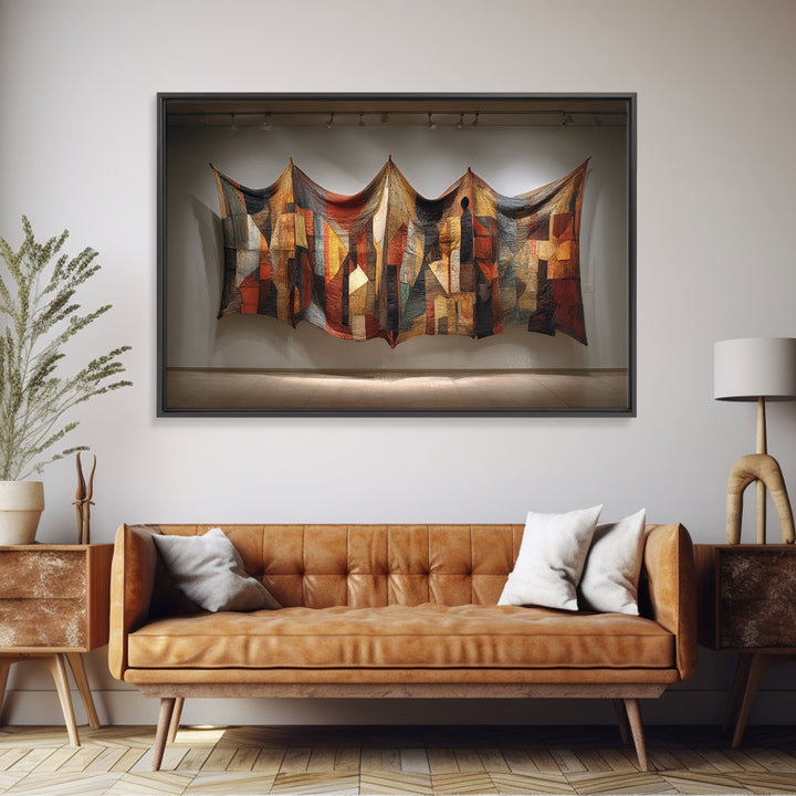 Abstract Quilted Textile Wall Hanging, African Wall Art, Earth Tone Wall Art, Fabric Art, Cultural Framed Canvas Print, Gallery Wall Art