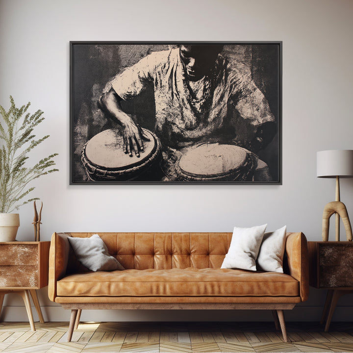 Monochrome African Drummer Portrait, African Wall Art, Black Culture Art, Tribal Decor, Black Art Print, Framed Canvas Print