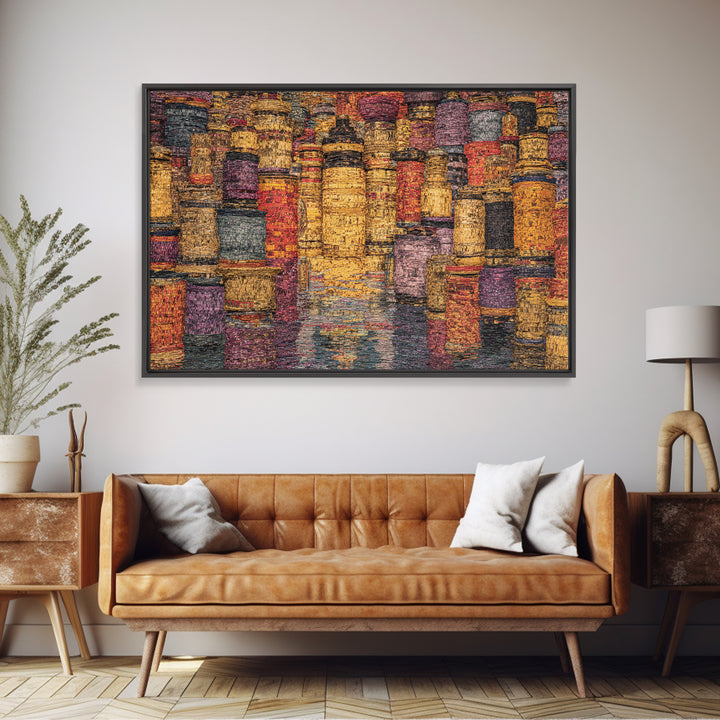 Vibrant Woven Basket Abstract, African Wall Art, Textile Art, Colorful Wall Decor, Cultural Framed Canvas Print, Ethnic Art Print