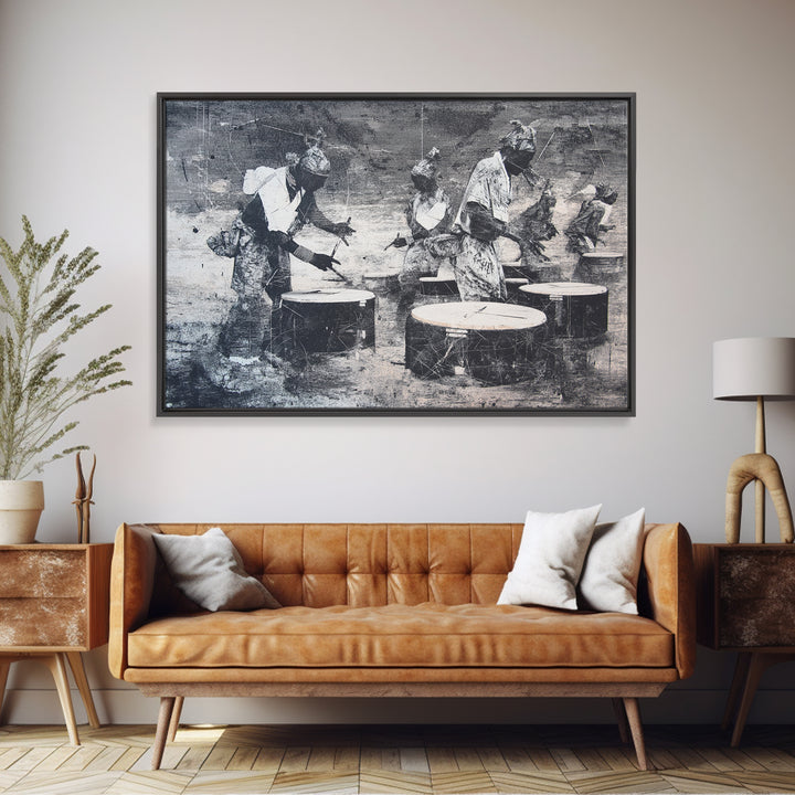 African Drummers In Monochrome Wall Art, Tribal Music Canvas, Afrocentric Decor, Black Culture Art, Living Room Wall Decor