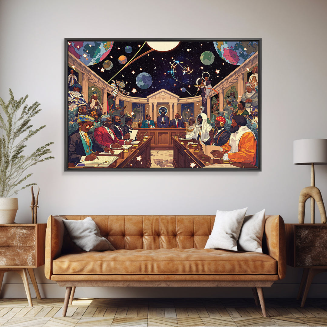 Afrofuturist African Council In Space Canvas Print, Black Culture Art, Diaspora Art, Modern African Art, Statement Wall Decor