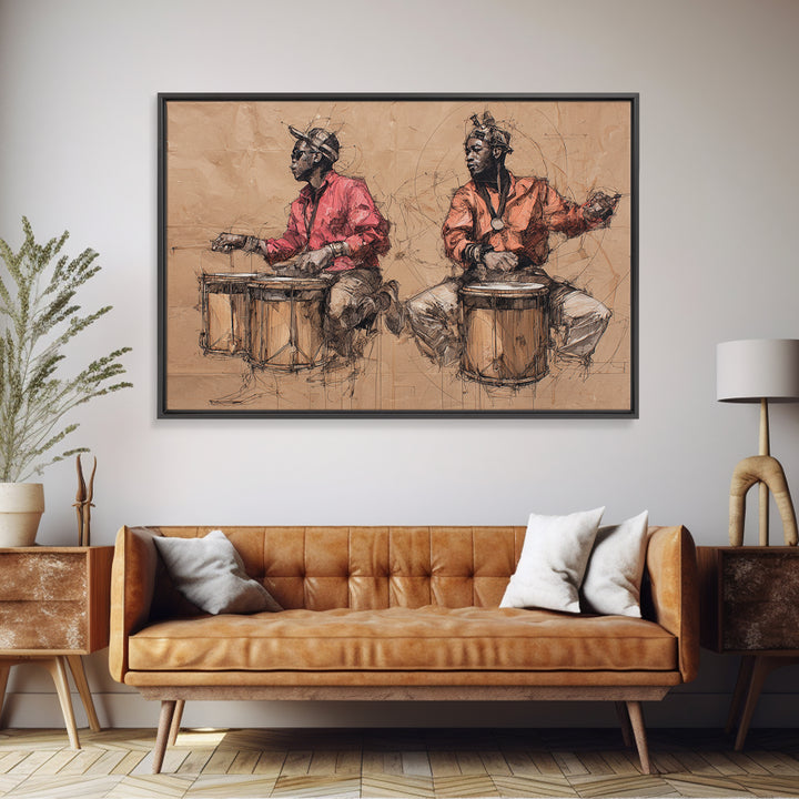 Two African Drummers Sketch Framed Canvas Print, Tribal Art Print, African Culture Art, Music Room Decor, Afrocentric Artwork