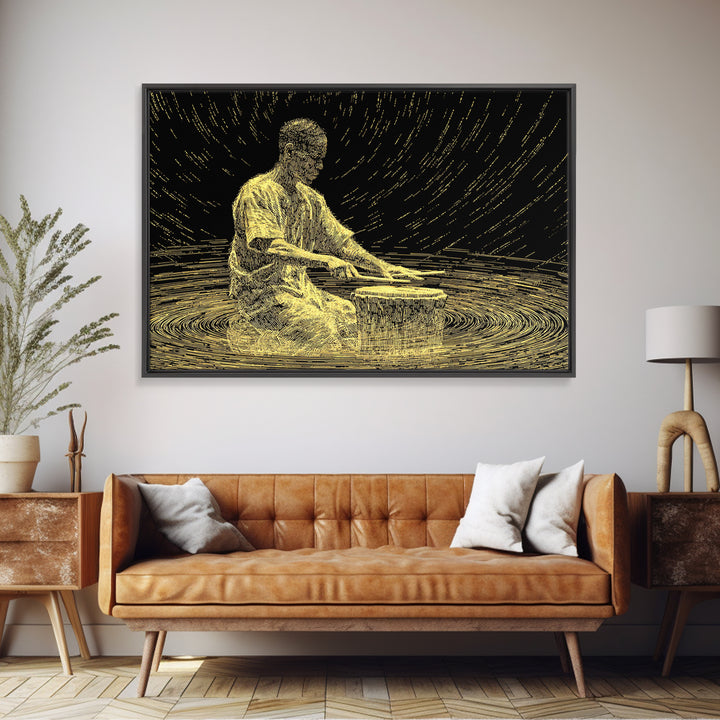 Golden African Drummer Line Art Wall Art, Black And Gold Art, Spiritual Music Decor, Afrocentric Wall Art, Unique Canvas