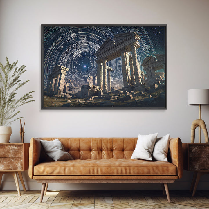Starlit Ancient Temple Ruins Framed Canvas Print, Mystical Wall Art, Spiritual Wall Decor, Astrology Inspired Home Decor
