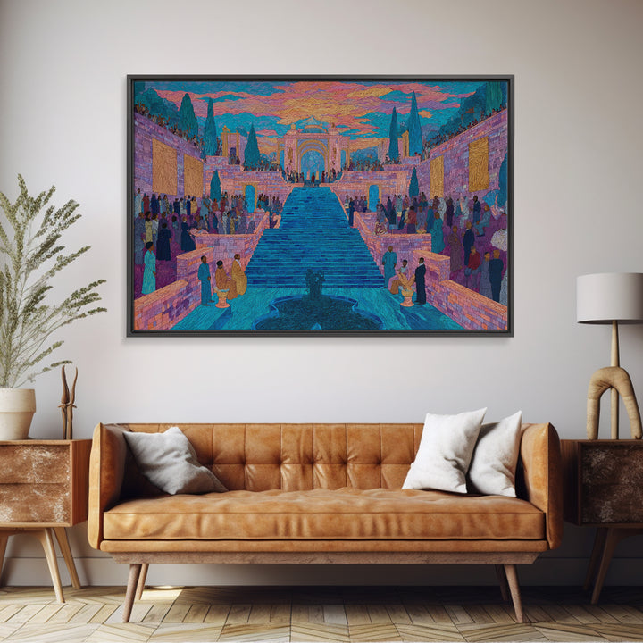 Vibrant Palace Stairway Celebration Framed Canvas Print, Colorful Wall Art, Cultural Travel Decor, Luxury Statement Gift