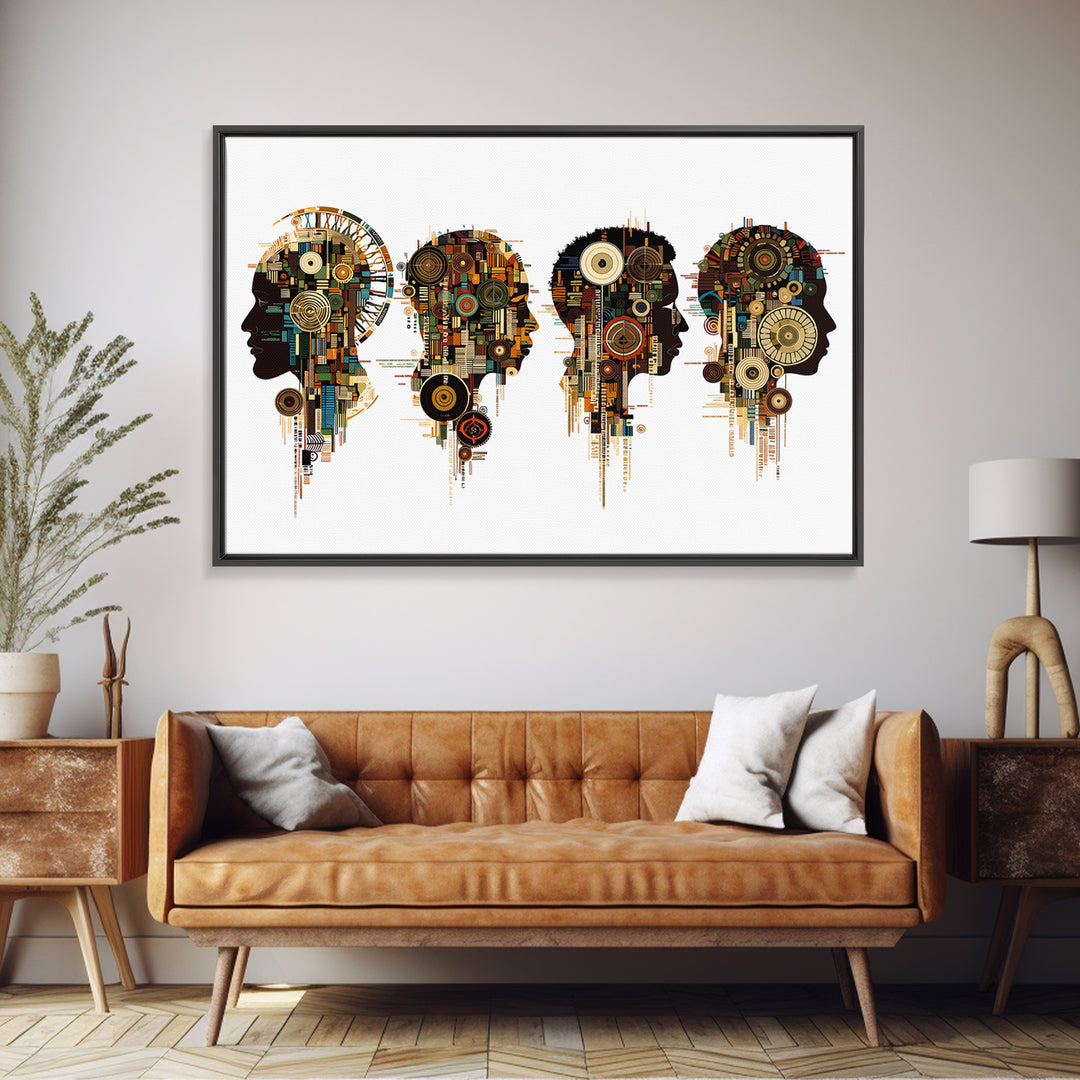 Four Afrofuturist Profile Heads Wall Art, Geometric Portrait Canvas, Black Culture Decor, Modern Abstract Office Gift For Home