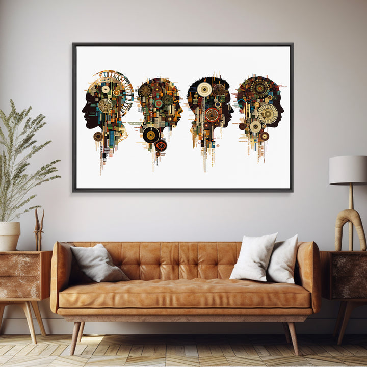 Four Afrofuturist Profile Heads Wall Art, Geometric Portrait Canvas, Black Culture Decor, Modern Abstract Office Gift For Home