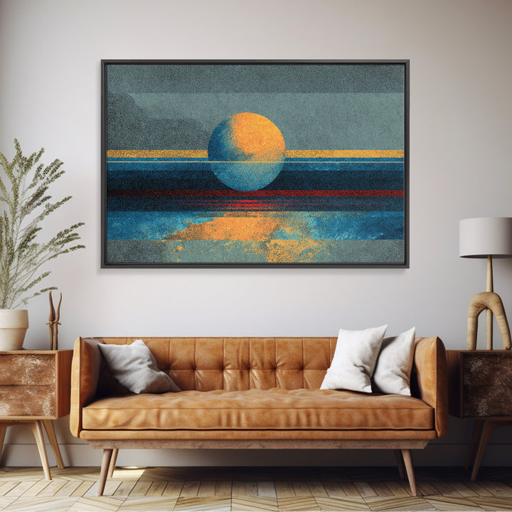 Textured Abstract Sun Over Ocean Wall Art, Minimalist Seascape Canvas Print, Blue Orange Modern Decor, Dreamy Home Gift For Bedroom