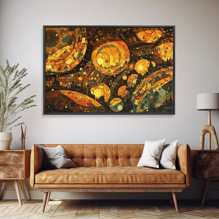 Golden Cosmic Mechanical Orbs Canvas Print, Futuristic Abstract Wall Art, Orange Space Decor, Unique Modern Statement Gift