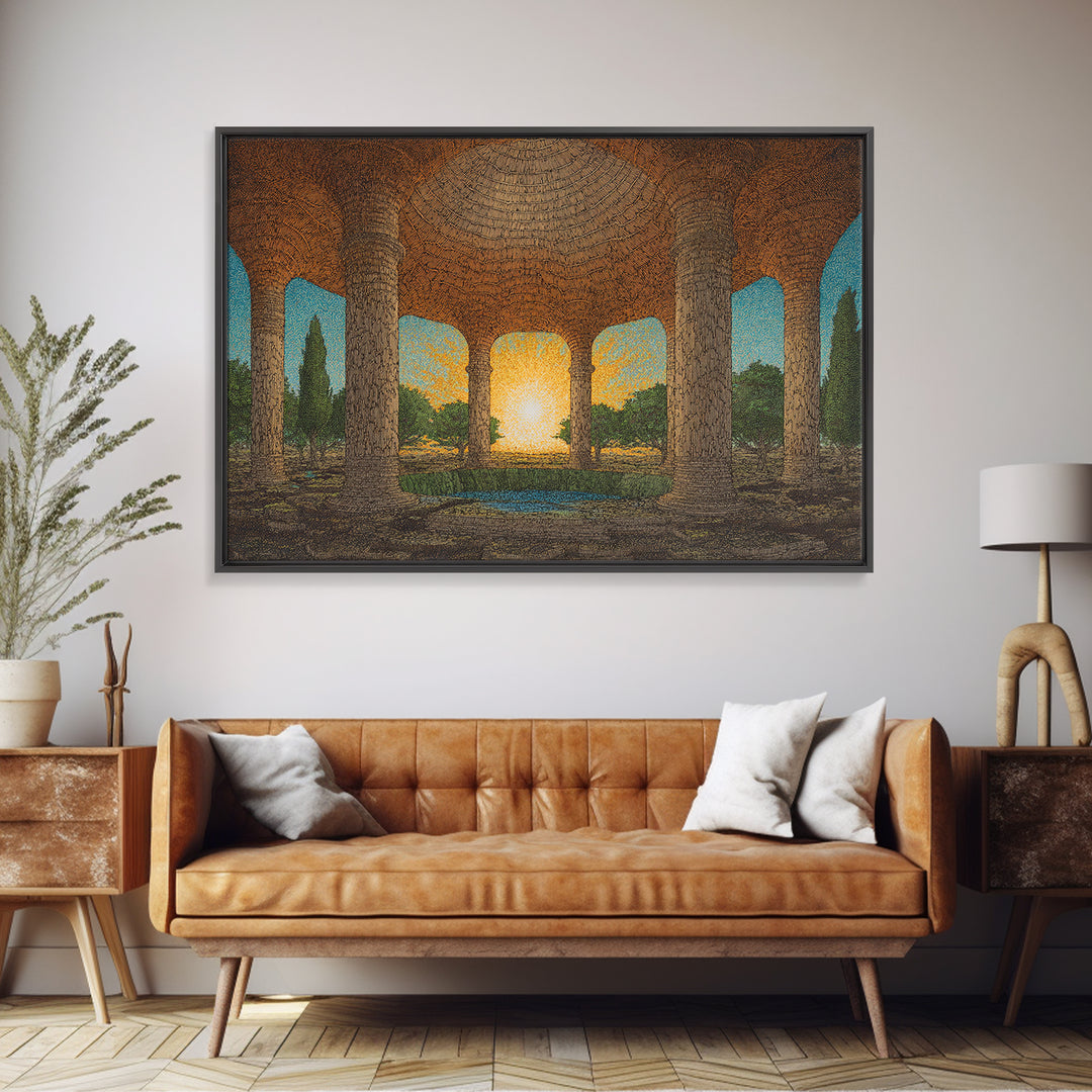 Ancient Stone Colonnade Garden Wall Art, Sunset Rotunda Landscape Canvas Print, Earth Tone Cultural Home Decor Gift For Living Room
