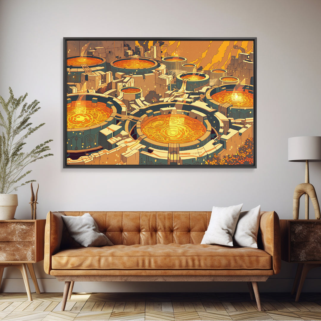 Futuristic Golden Circular City Canvas Print, Sci Fi Abstract Wall Art, Orange Urban Decor, Modern Statement Piece For Home Office