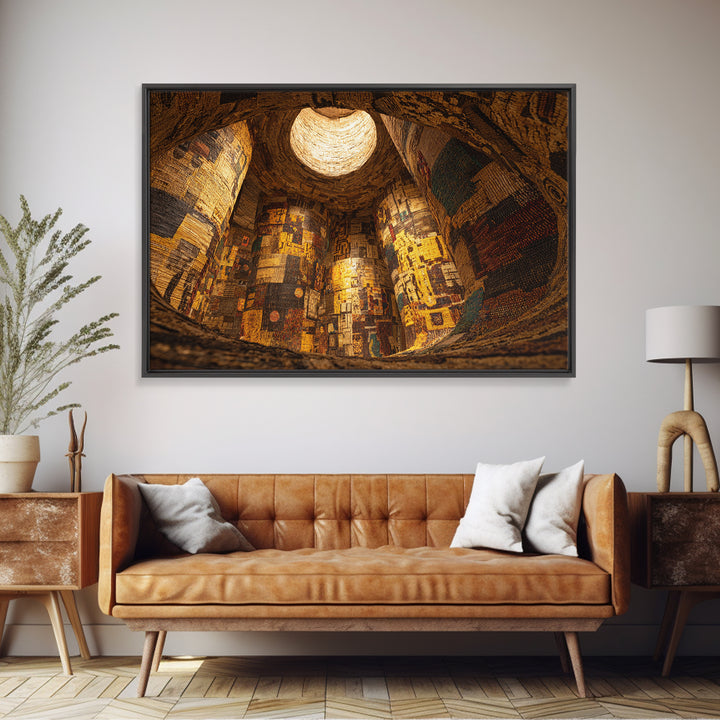 Cavernous Golden Patterned Tower Wall Art, Mystical Architecture Canvas Print, Warm Abstract Cultural Home Decor Gift For Gallery
