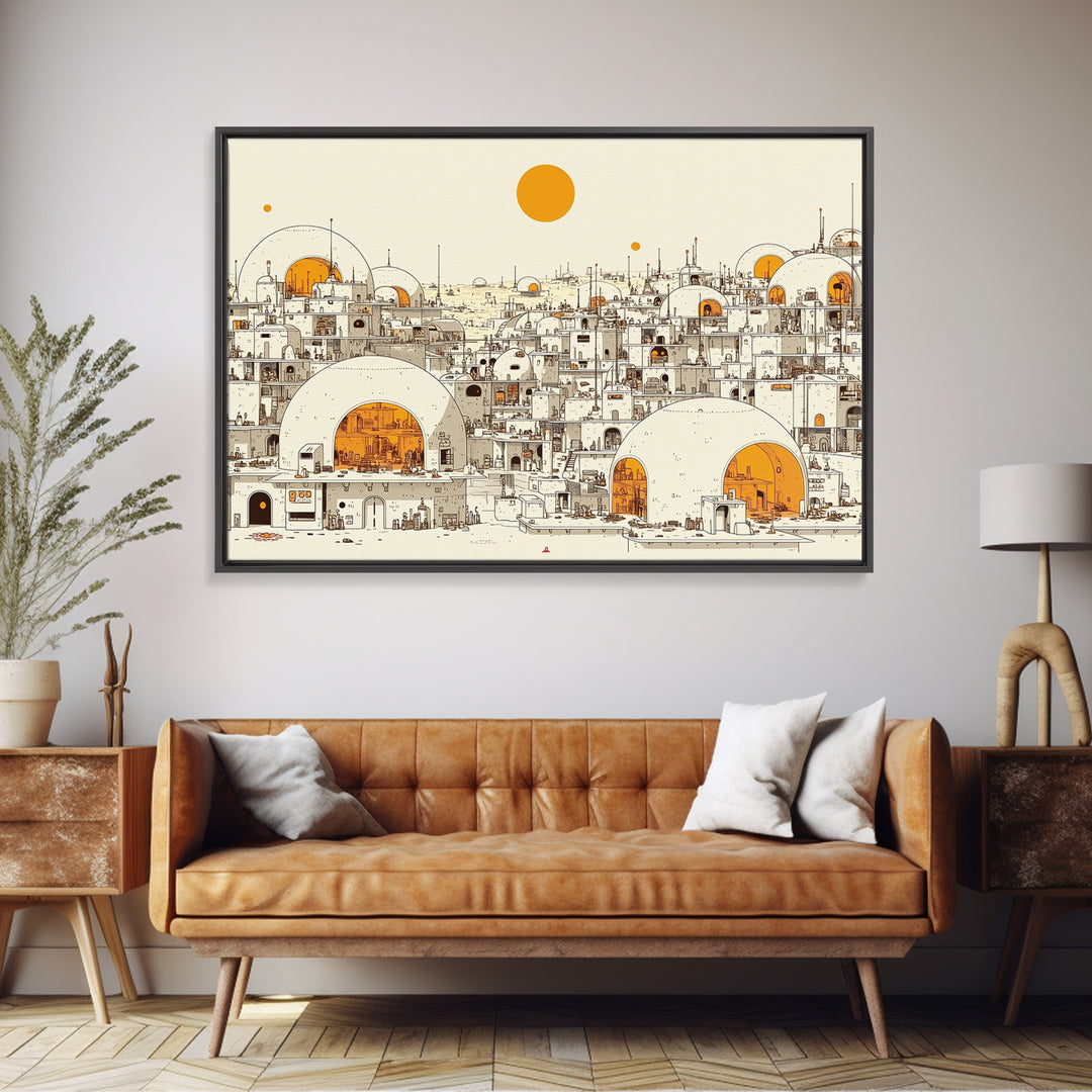 White Desert Dome City With Orange Sun Wall Art, African Landscape Print, Modern North African Decor, Boho Living Room Art