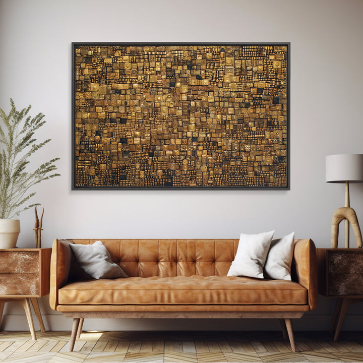Gold And Black Geometric Mosaic Textile Wall Art, African Abstract Art, Kuba Cloth Decor, Luxury Modern Living Room Wall Decor