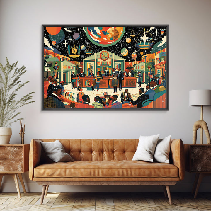 Afrofuturist Community Court Under Cosmic Sky Wall Art, Black Culture Art, African American Art, Juneteenth Home Decor Gift