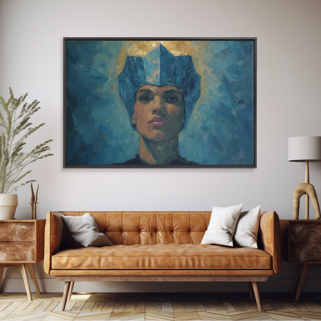Regal Blue Crown African Woman Portrait Canvas Print, Black Queen Portrait, Elegant Woman Art, Feminine Wall Decor Gift For Her