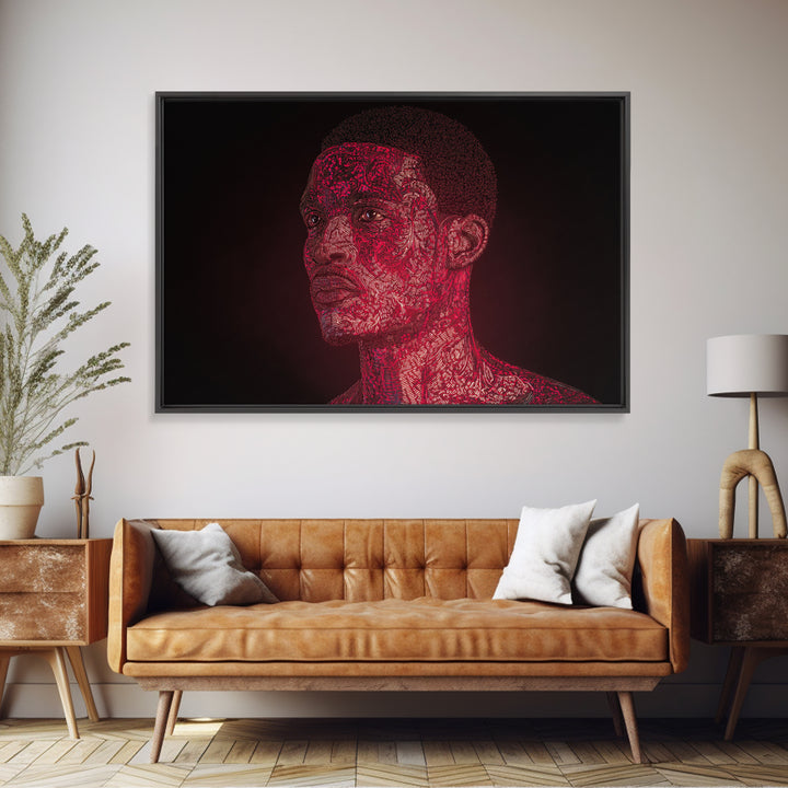 Red Patterned Black Man Portrait Framed Canvas Print, Abstract Black Art, Afrocentric Artwork, Modern Ethnic Wall Decor Gift