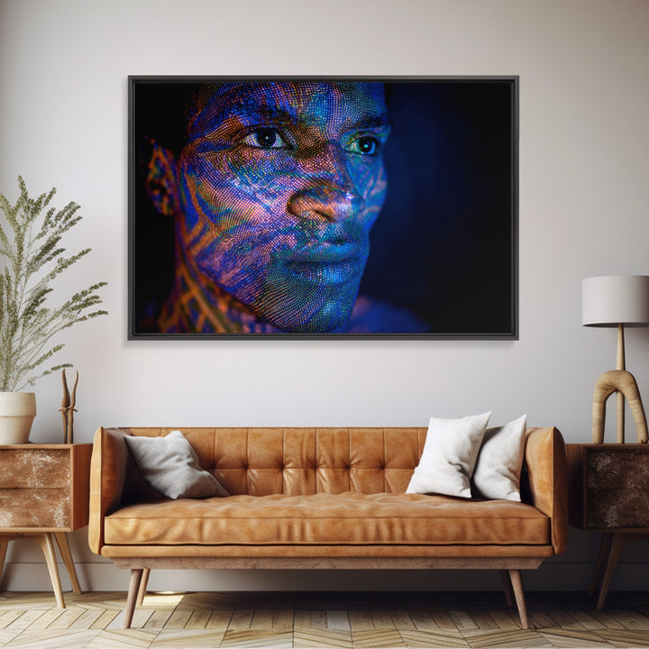 Blue Digital Black Man Portrait Canvas Print, Afrofuturism Decor, Modern Black Art, Abstract Face Art, Statement Wall Decor