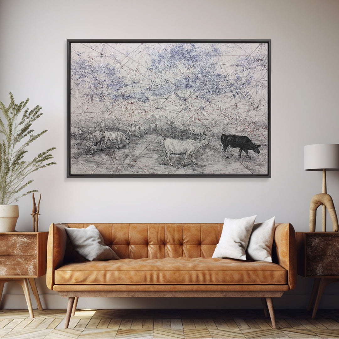 Pastoral Cattle Under Abstract Network Sky Wall Art, African Landscape, Farm Animal Art, Minimalist Office Decor Gift For Him