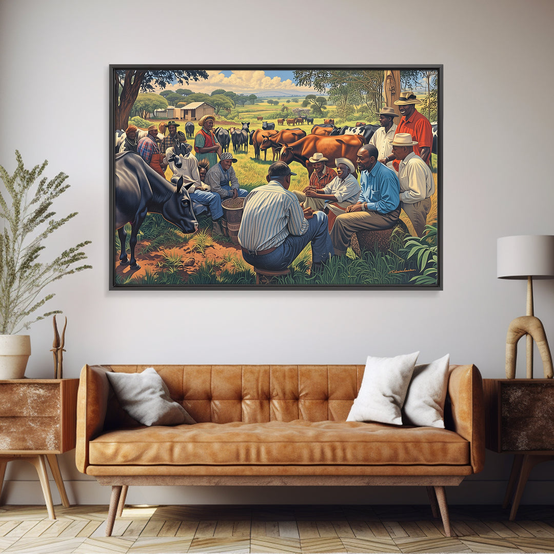 Rural African Cattle Market Gathering Wall Art, African Culture Art, Black People Art, Farm Landscape Home Decor Gift For Him