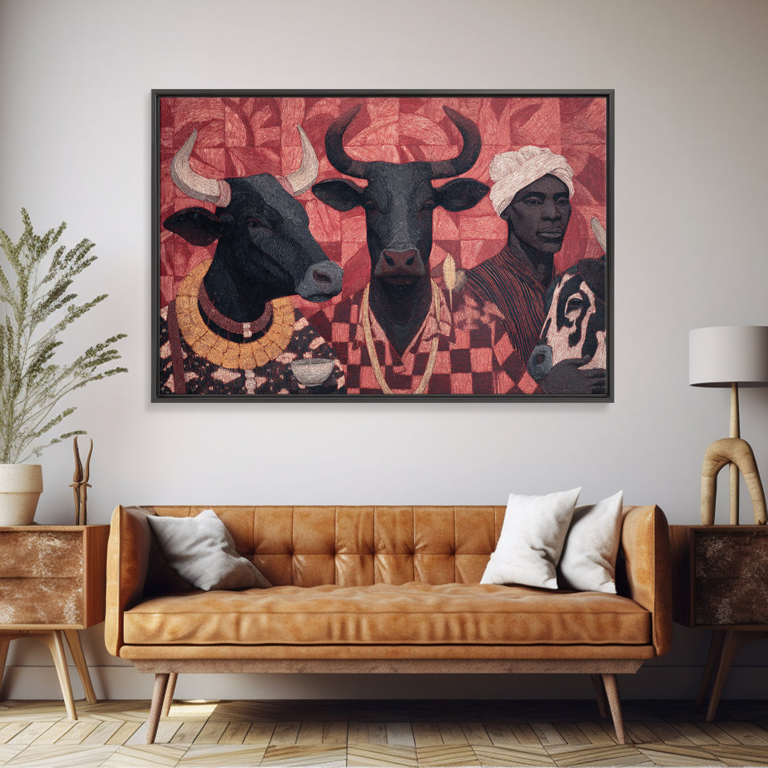 Red Tribal Cattle And African Woman Collage Wall Art, Afrocentric Decor, African Wall Decor, Cultural Art Print, Home Decor Gift