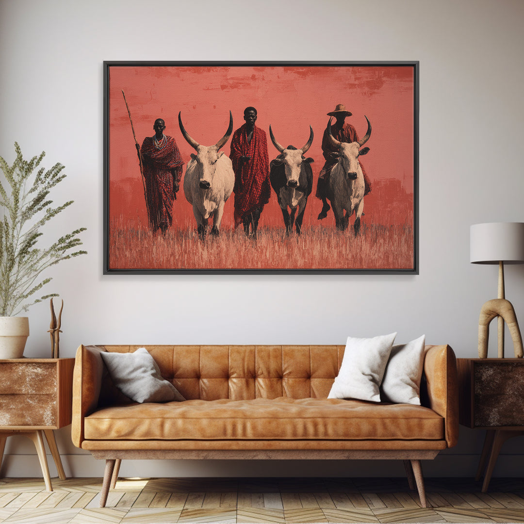 Maasai Warriors With White Cattle Framed Canvas Print, African Safari Art, Tribal Art Decor, Cultural Wall Art, Statement Decor
