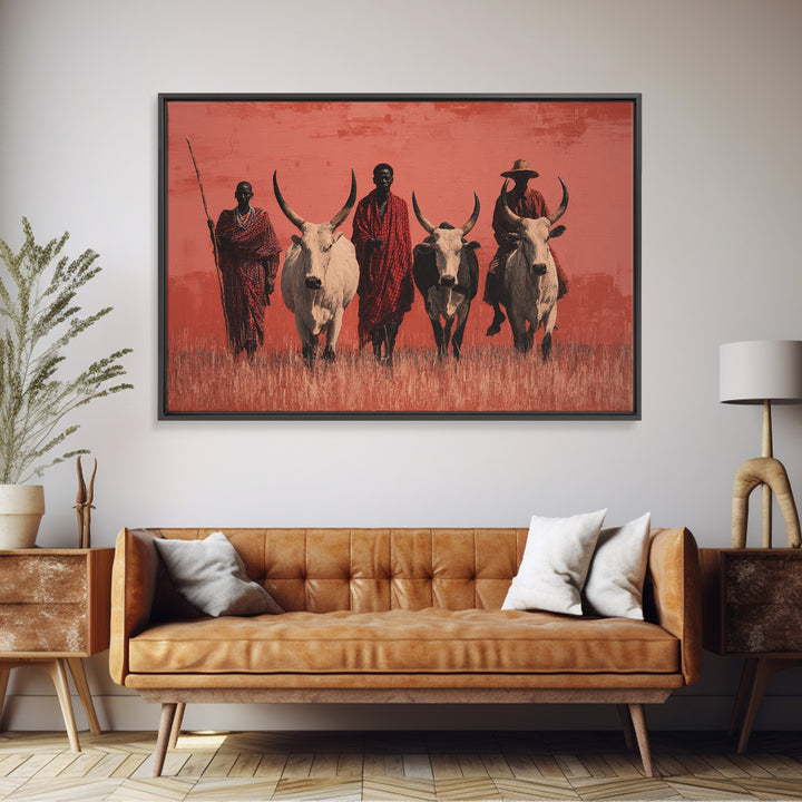 Maasai Warriors With White Cattle Framed Canvas Print, African Safari Art, Tribal Art Decor, Cultural Wall Art, Statement Decor