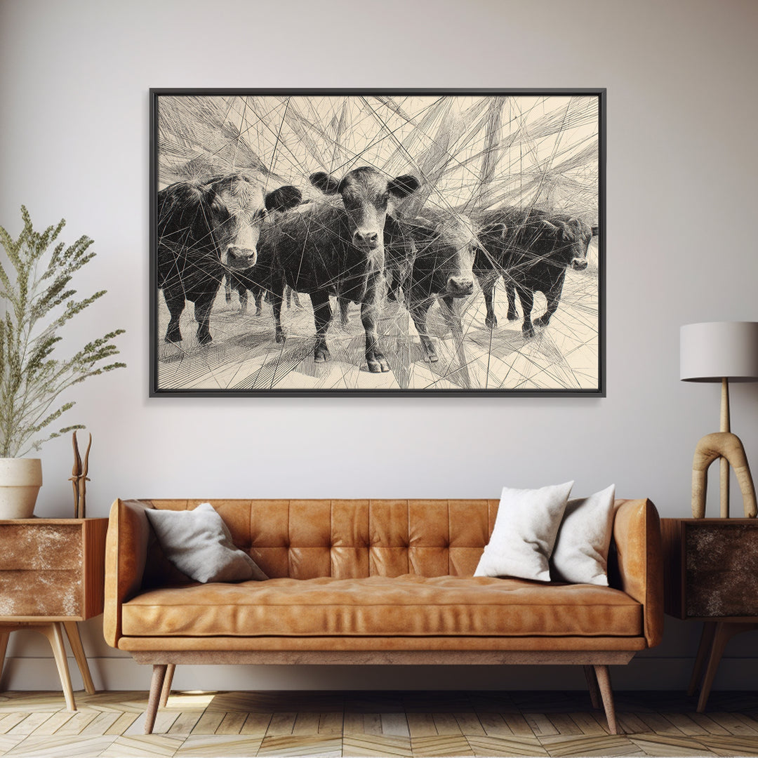 Black And White Abstract Cattle Drawing Canvas Print, African Animal Art, Modern African Art, Ethnic Wall Decor, Minimalist Poster