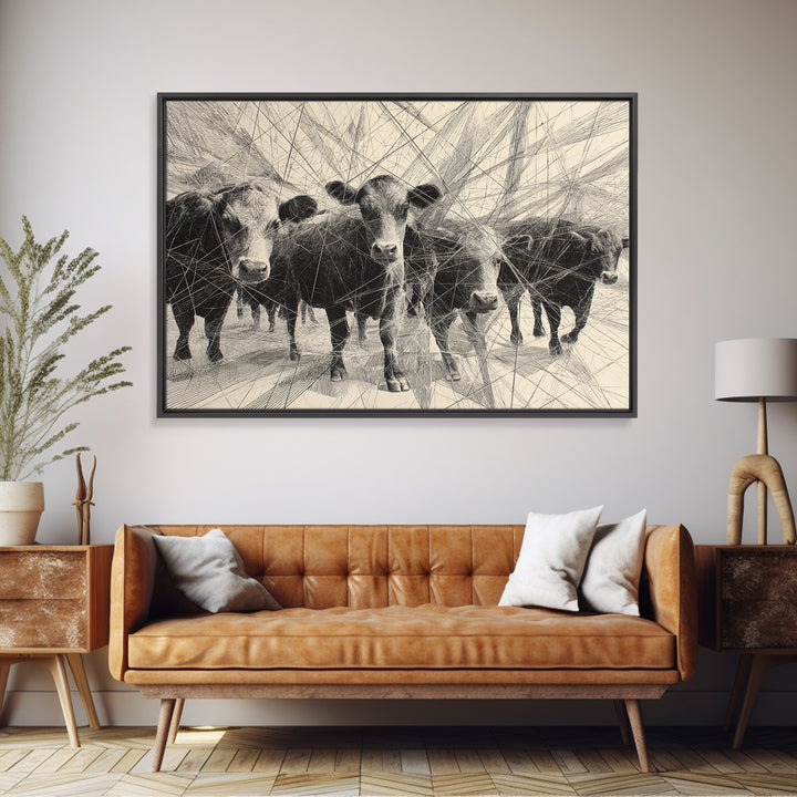Black And White Abstract Cattle Drawing Canvas Print, African Animal Art, Modern African Art, Ethnic Wall Decor, Minimalist Poster
