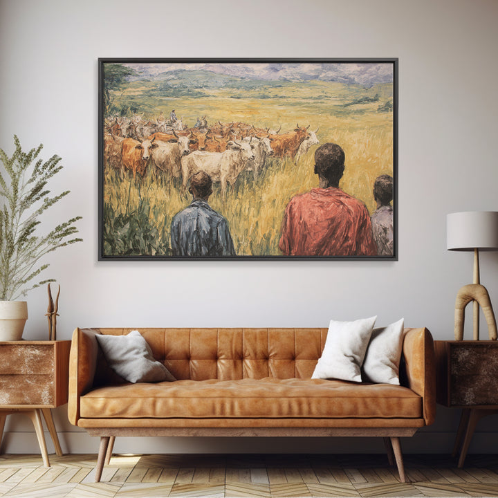 Pastoral African Cattle Herd Landscape Wall Art, African Painting, Safari Art, Cultural Home Decor, Living Room Decor, Gift
