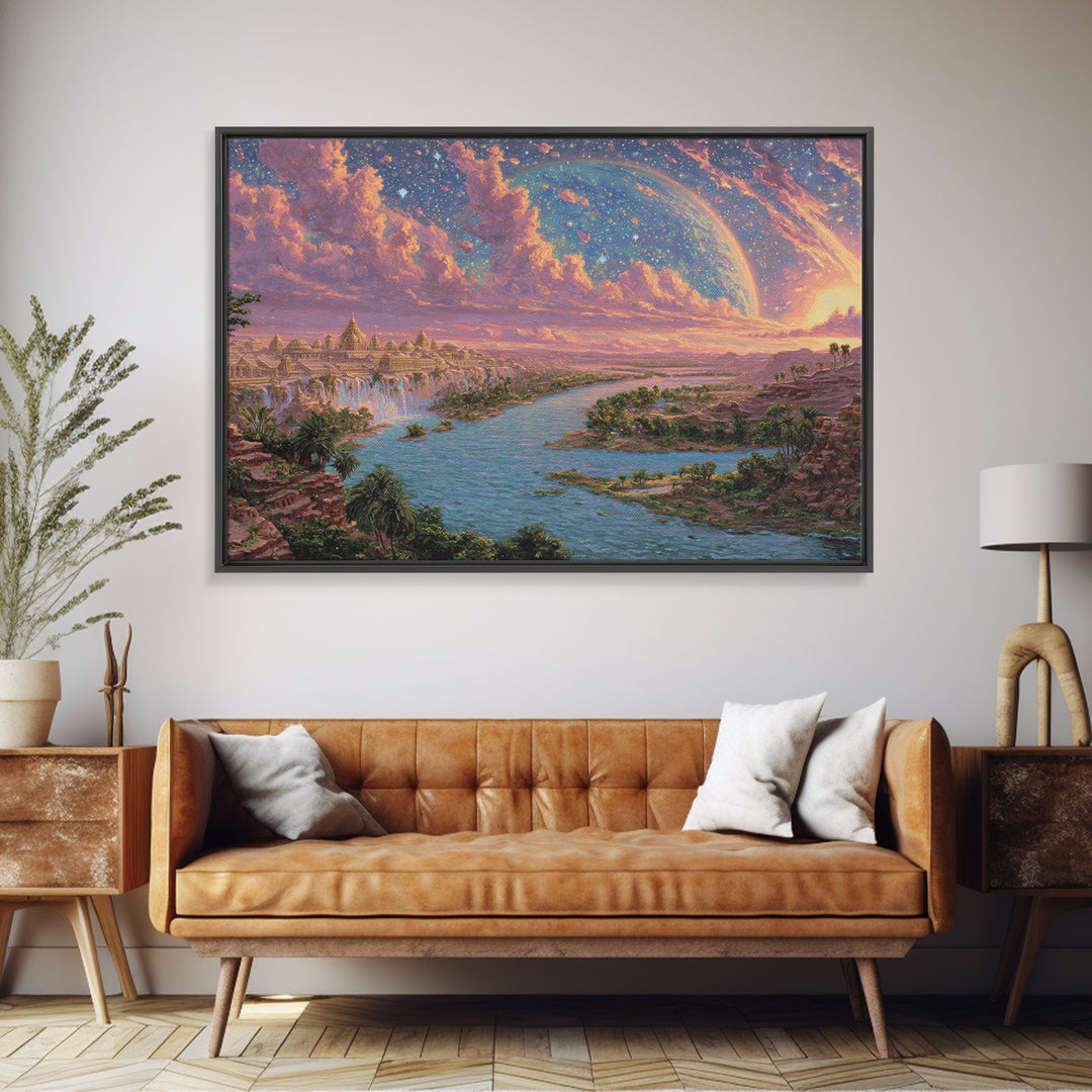 Ancient Nile River Temple Under Cosmic Sky Framed Canvas Print, African Egyptian Art, Fantasy Landscape, Luxury Canvas Art