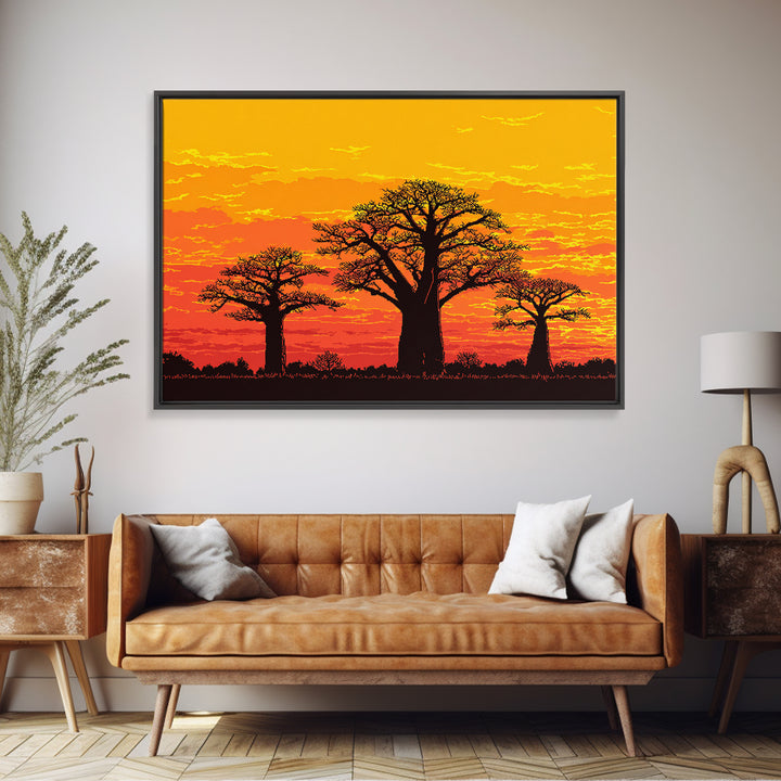 Orange Baobab Tree Silhouette Sunset Wall Art, African Landscape, Boho African Art, Burnt Orange Art, Nature Scene Art, Home Decor