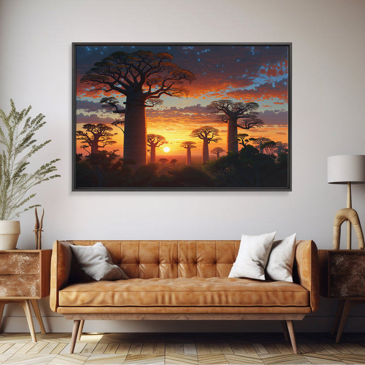 Majestic Baobab Forest At Sunset Framed Canvas Print, African Landscape, Serengeti Wall Art, Jungle Decor, Statement Wall Piece