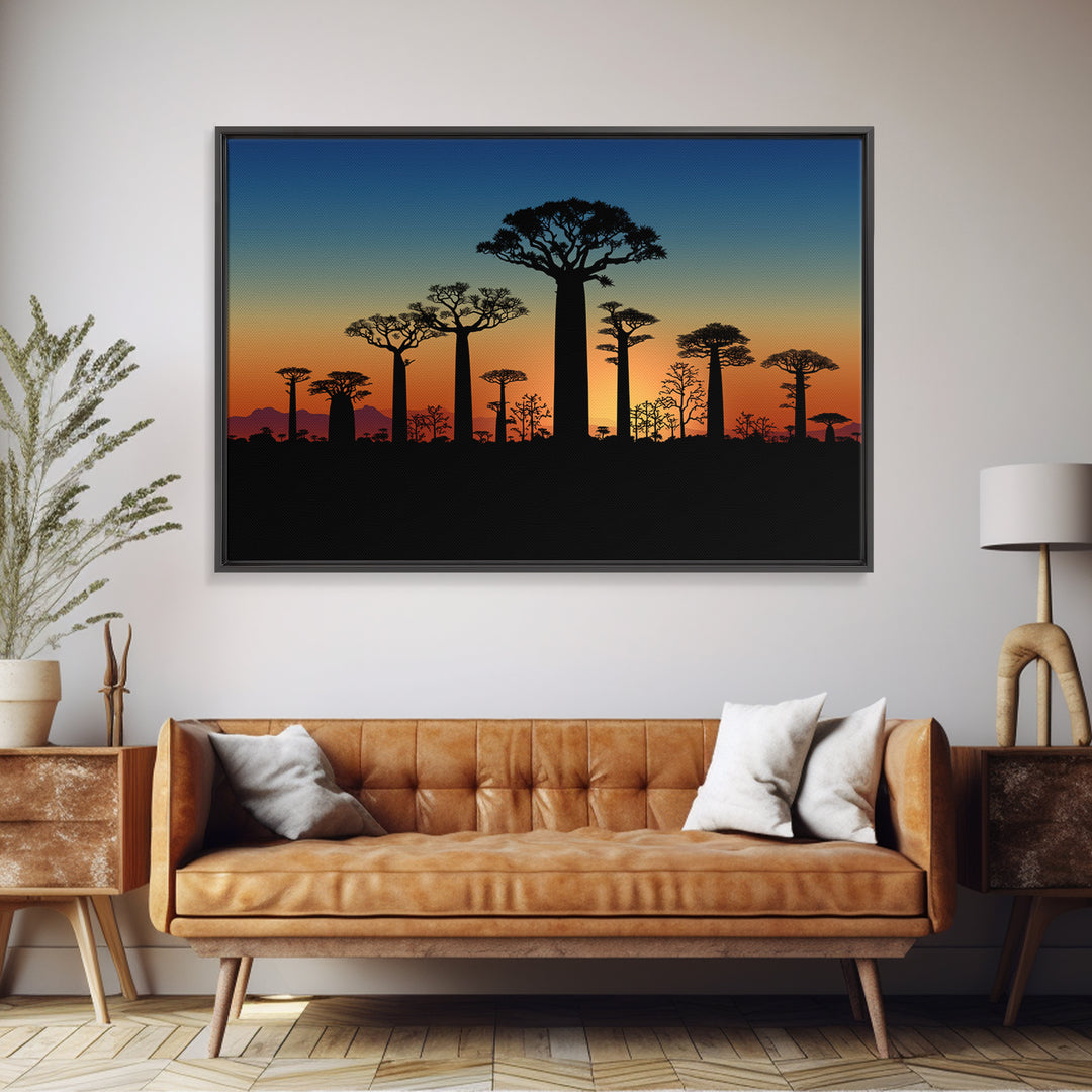 Baobab Tree Silhouettes At Blue Dusk Canvas Print, Madagascar Wall Art, African Tree, Minimalist Wall Art, Safari Decor, Office Decor