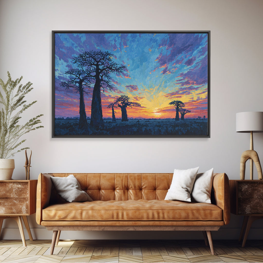 Painterly Blue Baobab Sunset Landscape Wall Art, African Landscape, Dreamy Wall Art, Modern Canvas Art, Colorful Wall Decor