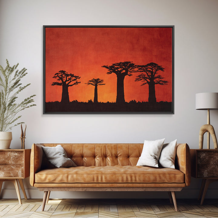 Red Orange Baobab Silhouette Horizon Canvas Print, African Tree, Burnt Orange Art, Boho Wall Decor, Rustic Decor, Home Decor