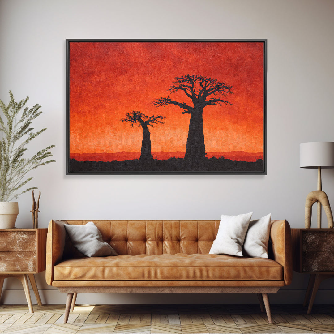 Baobab Tree Silhouettes At Fiery Sunset Wall Art, African Landscape, Safari Decor, Burnt Orange Art Print, Living Room Decor