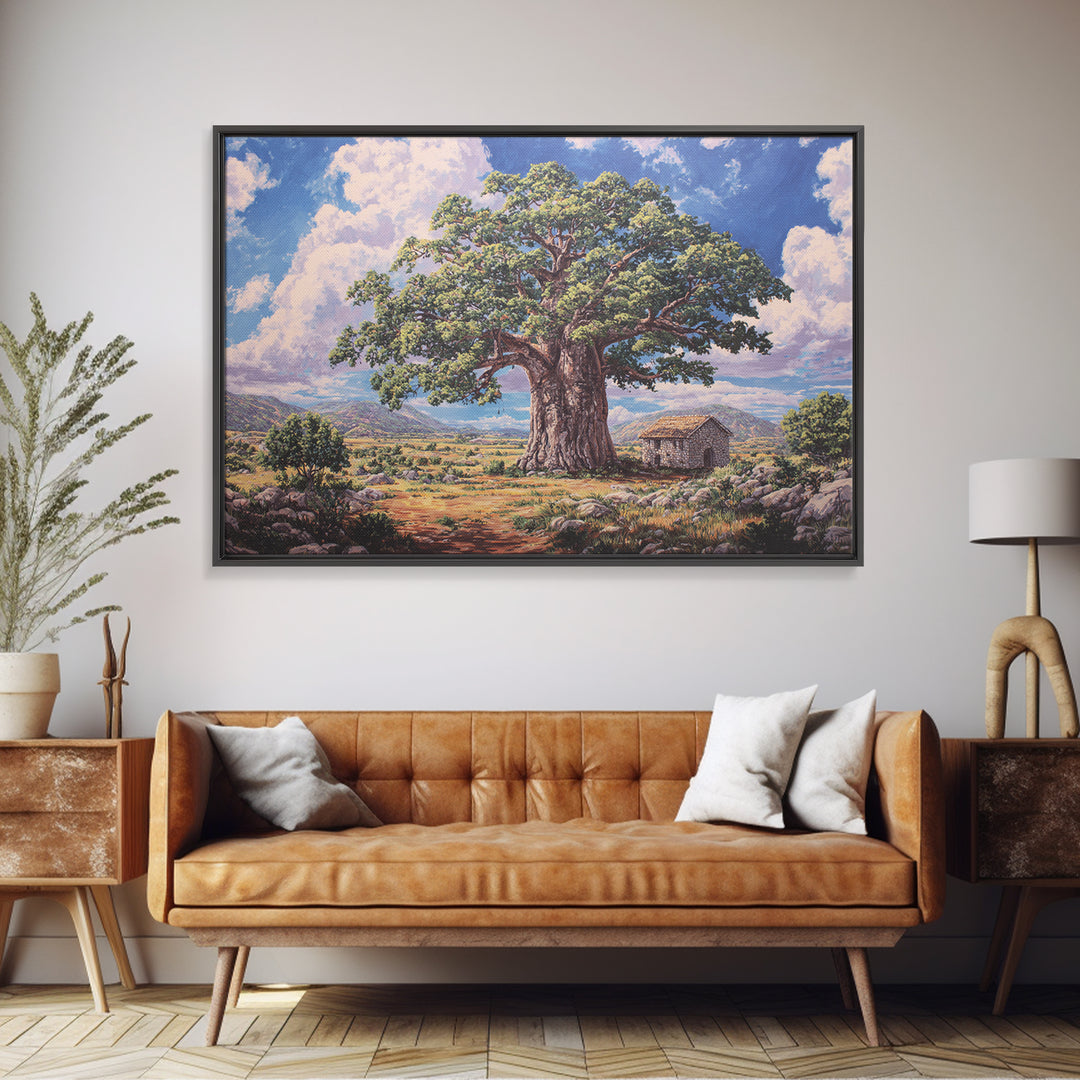 Ancient Baobab Beside Rustic Hut Framed Canvas Print, African Landscape, Cultural Wall Art, Earth Tone Decor, Housewarming Gift